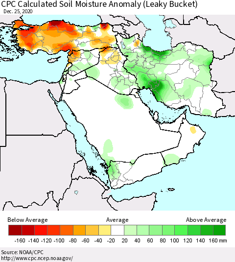 Middle East and Turkey CPC Soil Moisture Departure from Normal (Leaky Bucket) Thematic Map For 12/21/2020 - 12/25/2020