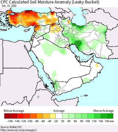 Middle East and Turkey CPC Soil Moisture Departure from Normal (Leaky Bucket) Thematic Map For 12/26/2020 - 12/31/2020