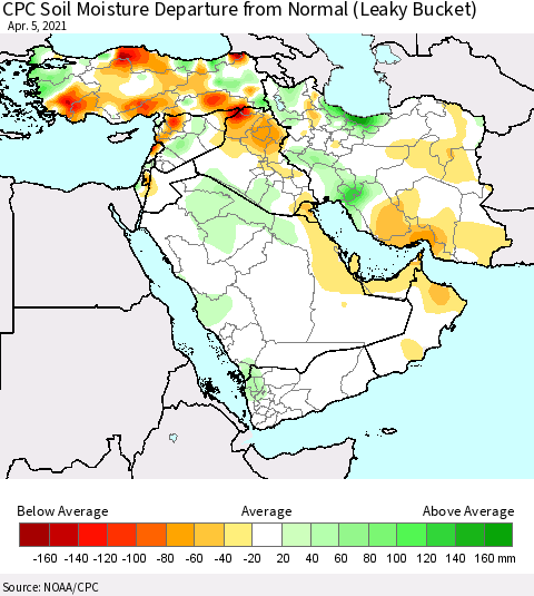 Middle East and Turkey CPC Soil Moisture Departure from Normal (Leaky Bucket) Thematic Map For 4/1/2021 - 4/5/2021