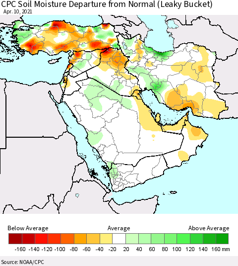 Middle East and Turkey CPC Soil Moisture Departure from Normal (Leaky Bucket) Thematic Map For 4/6/2021 - 4/10/2021