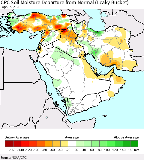 Middle East and Turkey CPC Soil Moisture Departure from Normal (Leaky Bucket) Thematic Map For 4/11/2021 - 4/15/2021