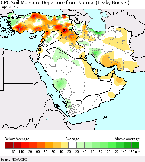 Middle East and Turkey CPC Soil Moisture Departure from Normal (Leaky Bucket) Thematic Map For 4/16/2021 - 4/20/2021