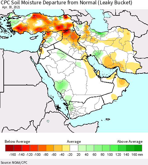 Middle East and Turkey CPC Soil Moisture Departure from Normal (Leaky Bucket) Thematic Map For 4/26/2021 - 4/30/2021