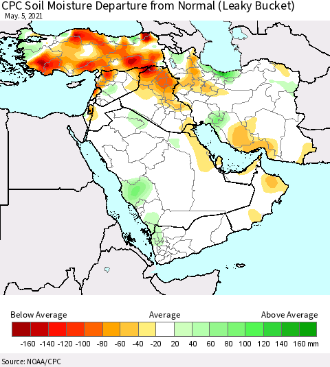 Middle East and Turkey CPC Soil Moisture Departure from Normal (Leaky Bucket) Thematic Map For 5/1/2021 - 5/5/2021