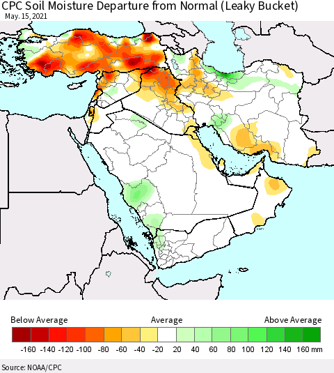 Middle East and Turkey CPC Soil Moisture Departure from Normal (Leaky Bucket) Thematic Map For 5/11/2021 - 5/15/2021