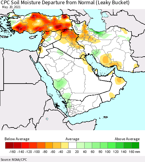 Middle East and Turkey CPC Soil Moisture Departure from Normal (Leaky Bucket) Thematic Map For 5/16/2021 - 5/20/2021