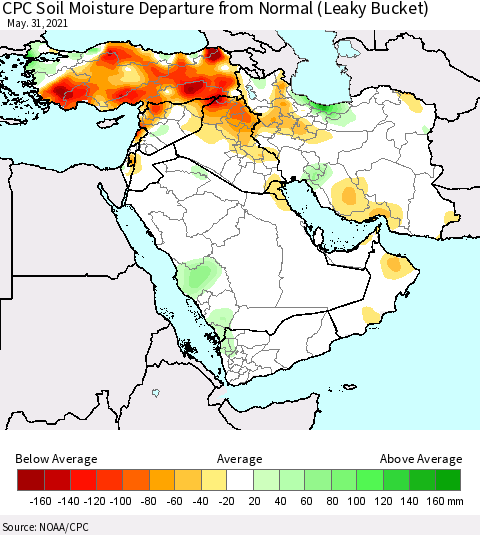 Middle East and Turkey CPC Soil Moisture Departure from Normal (Leaky Bucket) Thematic Map For 5/26/2021 - 5/31/2021
