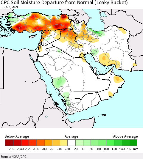 Middle East and Turkey CPC Soil Moisture Departure from Normal (Leaky Bucket) Thematic Map For 6/1/2021 - 6/5/2021