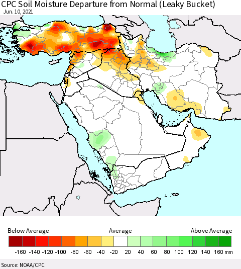 Middle East and Turkey CPC Soil Moisture Departure from Normal (Leaky Bucket) Thematic Map For 6/6/2021 - 6/10/2021