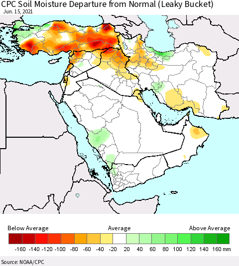 Middle East and Turkey CPC Soil Moisture Departure from Normal (Leaky Bucket) Thematic Map For 6/11/2021 - 6/15/2021