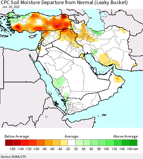 Middle East and Turkey CPC Soil Moisture Departure from Normal (Leaky Bucket) Thematic Map For 6/16/2021 - 6/20/2021