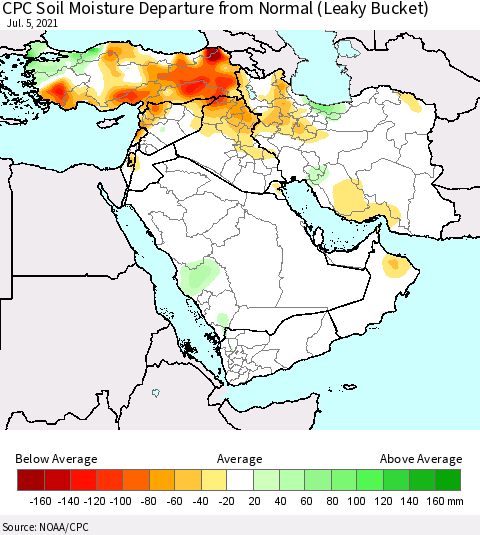 Middle East and Turkey CPC Soil Moisture Departure from Normal (Leaky Bucket) Thematic Map For 7/1/2021 - 7/5/2021