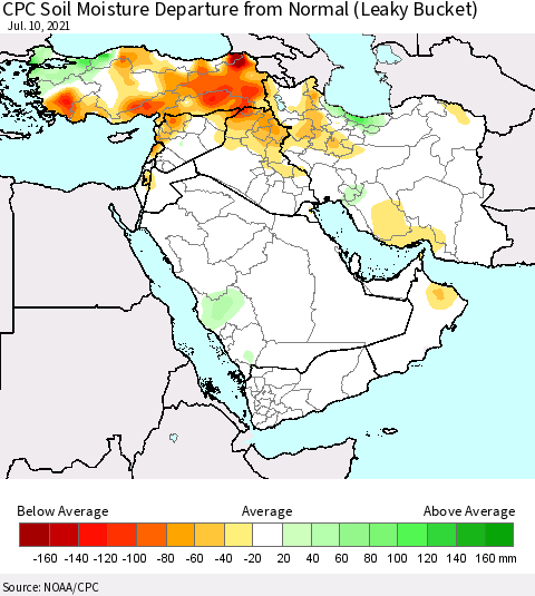 Middle East and Turkey CPC Soil Moisture Departure from Normal (Leaky Bucket) Thematic Map For 7/6/2021 - 7/10/2021