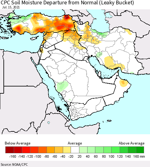 Middle East and Turkey CPC Soil Moisture Departure from Normal (Leaky Bucket) Thematic Map For 7/11/2021 - 7/15/2021