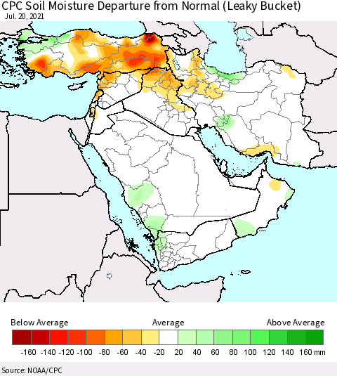 Middle East and Turkey CPC Soil Moisture Departure from Normal (Leaky Bucket) Thematic Map For 7/16/2021 - 7/20/2021