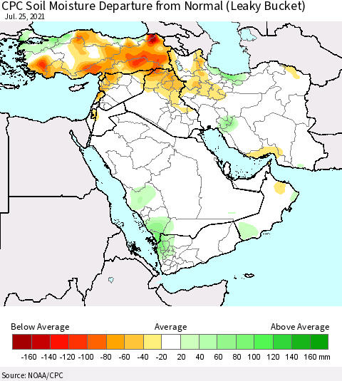 Middle East and Turkey CPC Soil Moisture Departure from Normal (Leaky Bucket) Thematic Map For 7/21/2021 - 7/25/2021
