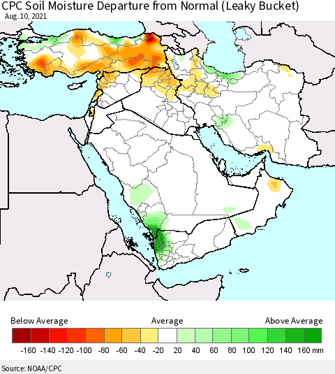 Middle East and Turkey CPC Soil Moisture Departure from Normal (Leaky Bucket) Thematic Map For 8/6/2021 - 8/10/2021