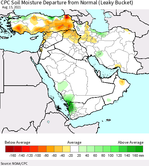 Middle East and Turkey CPC Soil Moisture Departure from Normal (Leaky Bucket) Thematic Map For 8/11/2021 - 8/15/2021