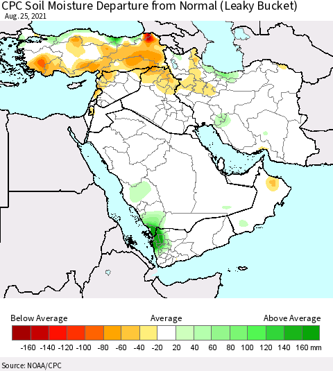 Middle East and Turkey CPC Soil Moisture Departure from Normal (Leaky Bucket) Thematic Map For 8/21/2021 - 8/25/2021