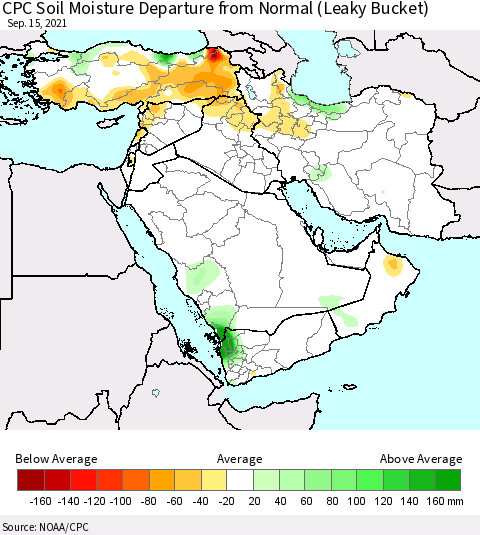 Middle East and Turkey CPC Soil Moisture Departure from Normal (Leaky Bucket) Thematic Map For 9/11/2021 - 9/15/2021