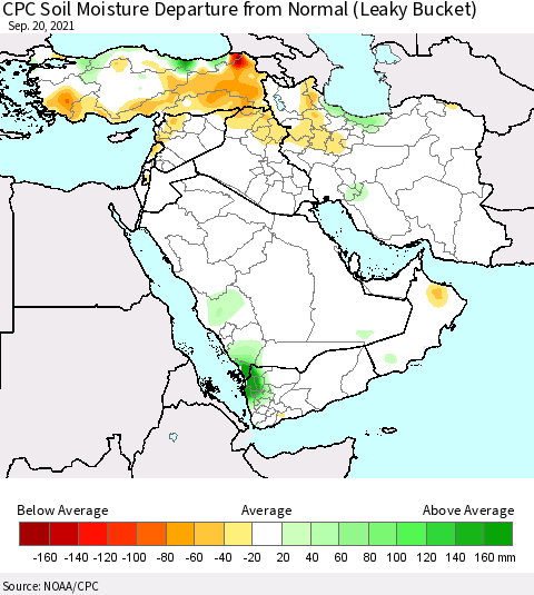 Middle East and Turkey CPC Soil Moisture Departure from Normal (Leaky Bucket) Thematic Map For 9/16/2021 - 9/20/2021