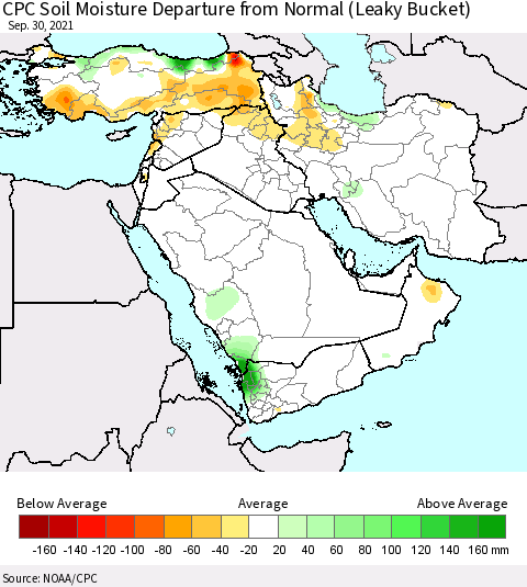 Middle East and Turkey CPC Soil Moisture Departure from Normal (Leaky Bucket) Thematic Map For 9/26/2021 - 9/30/2021