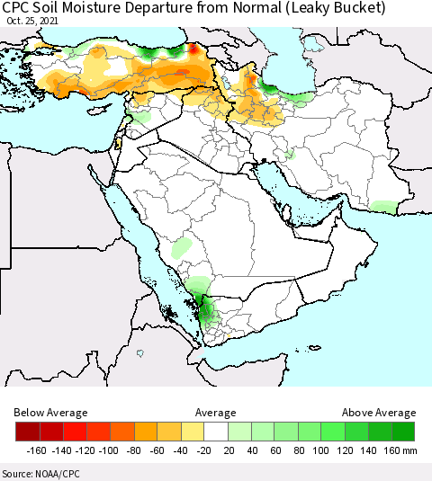 Middle East and Turkey CPC Soil Moisture Departure from Normal (Leaky Bucket) Thematic Map For 10/21/2021 - 10/25/2021