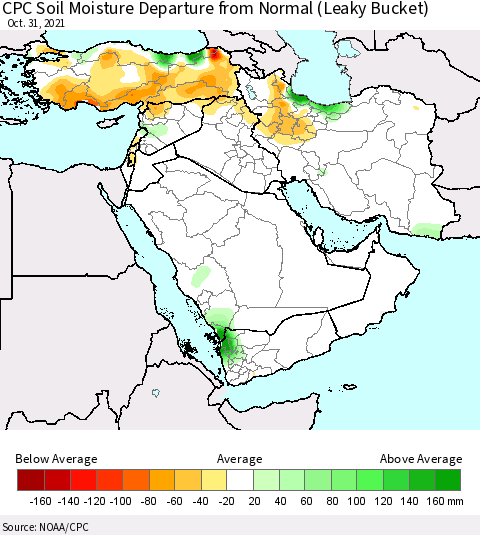 Middle East and Turkey CPC Soil Moisture Departure from Normal (Leaky Bucket) Thematic Map For 10/26/2021 - 10/31/2021