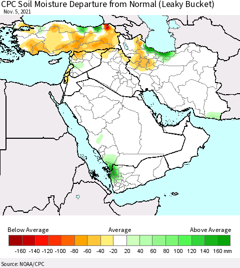 Middle East and Turkey CPC Soil Moisture Departure from Normal (Leaky Bucket) Thematic Map For 11/1/2021 - 11/5/2021