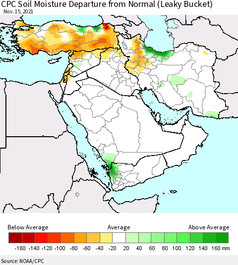 Middle East and Turkey CPC Soil Moisture Departure from Normal (Leaky Bucket) Thematic Map For 11/11/2021 - 11/15/2021