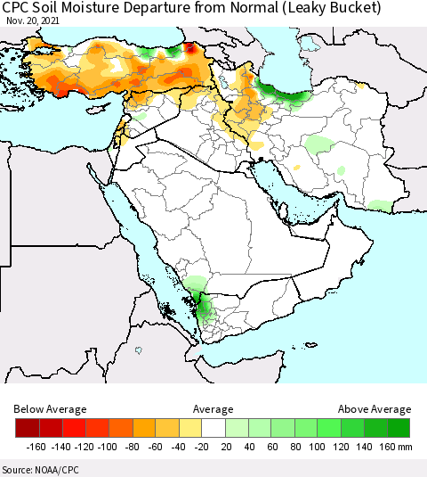 Middle East and Turkey CPC Soil Moisture Departure from Normal (Leaky Bucket) Thematic Map For 11/16/2021 - 11/20/2021