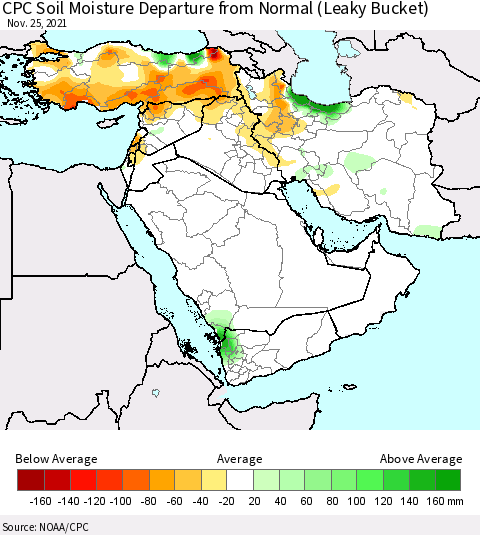 Middle East and Turkey CPC Soil Moisture Departure from Normal (Leaky Bucket) Thematic Map For 11/21/2021 - 11/25/2021
