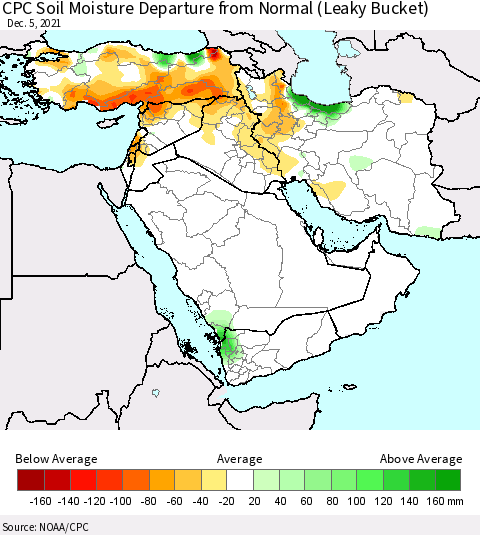 Middle East and Turkey CPC Soil Moisture Departure from Normal (Leaky Bucket) Thematic Map For 12/1/2021 - 12/5/2021