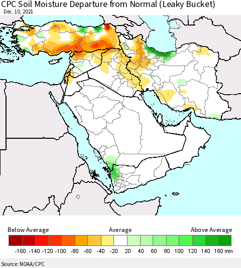 Middle East and Turkey CPC Soil Moisture Departure from Normal (Leaky Bucket) Thematic Map For 12/6/2021 - 12/10/2021