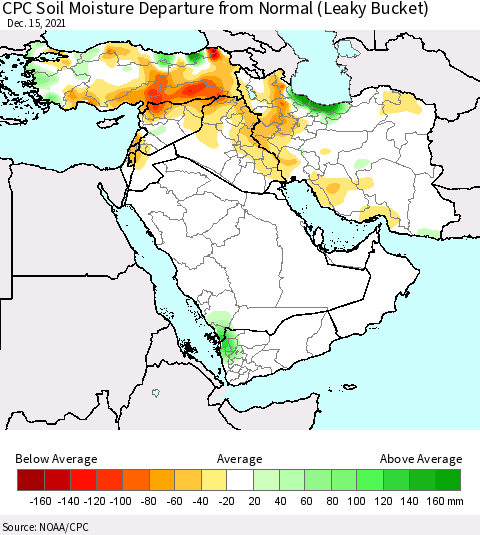 Middle East and Turkey CPC Soil Moisture Departure from Normal (Leaky Bucket) Thematic Map For 12/11/2021 - 12/15/2021