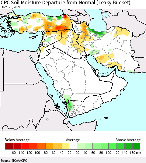 Middle East and Turkey CPC Soil Moisture Departure from Normal (Leaky Bucket) Thematic Map For 12/16/2021 - 12/20/2021