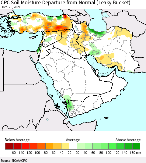 Middle East and Turkey CPC Soil Moisture Departure from Normal (Leaky Bucket) Thematic Map For 12/21/2021 - 12/25/2021