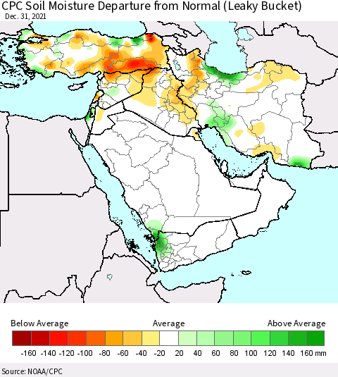 Middle East and Turkey CPC Soil Moisture Departure from Normal (Leaky Bucket) Thematic Map For 12/26/2021 - 12/31/2021