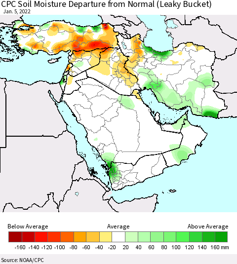 Middle East and Turkey CPC Soil Moisture Departure from Normal (Leaky Bucket) Thematic Map For 1/1/2022 - 1/5/2022