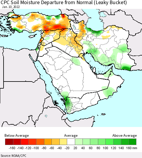 Middle East and Turkey CPC Soil Moisture Departure from Normal (Leaky Bucket) Thematic Map For 1/6/2022 - 1/10/2022