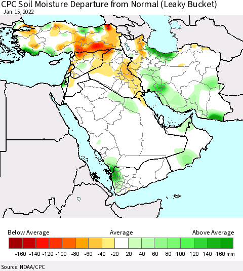 Middle East and Turkey CPC Soil Moisture Departure from Normal (Leaky Bucket) Thematic Map For 1/11/2022 - 1/15/2022