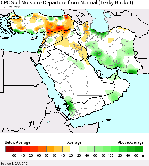 Middle East and Turkey CPC Soil Moisture Departure from Normal (Leaky Bucket) Thematic Map For 1/16/2022 - 1/20/2022