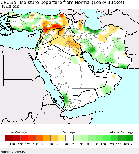 Middle East and Turkey CPC Soil Moisture Departure from Normal (Leaky Bucket) Thematic Map For 2/21/2022 - 2/25/2022
