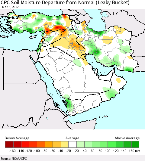 Middle East and Turkey CPC Soil Moisture Departure from Normal (Leaky Bucket) Thematic Map For 3/1/2022 - 3/5/2022