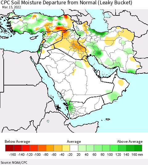 Middle East and Turkey CPC Soil Moisture Departure from Normal (Leaky Bucket) Thematic Map For 3/11/2022 - 3/15/2022