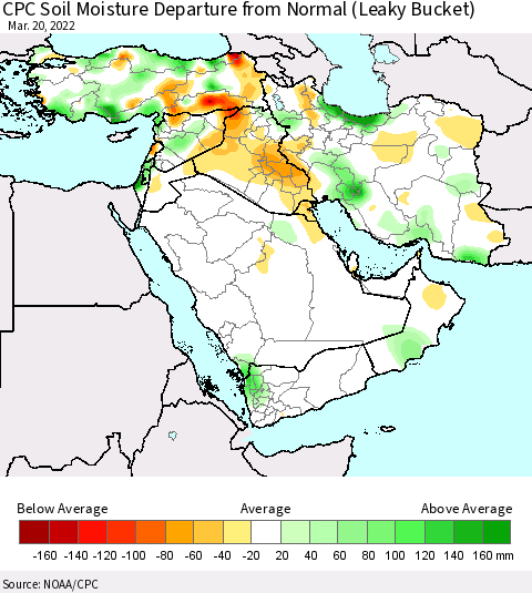 Middle East and Turkey CPC Soil Moisture Departure from Normal (Leaky Bucket) Thematic Map For 3/16/2022 - 3/20/2022