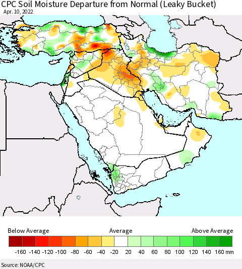 Middle East and Turkey CPC Soil Moisture Departure from Normal (Leaky Bucket) Thematic Map For 4/6/2022 - 4/10/2022