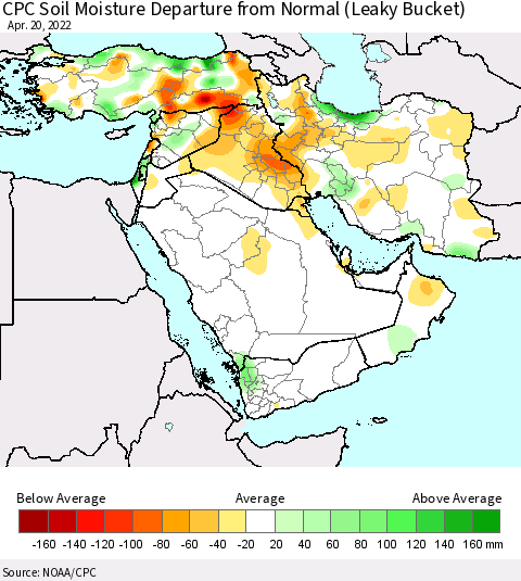 Middle East and Turkey CPC Soil Moisture Departure from Normal (Leaky Bucket) Thematic Map For 4/16/2022 - 4/20/2022