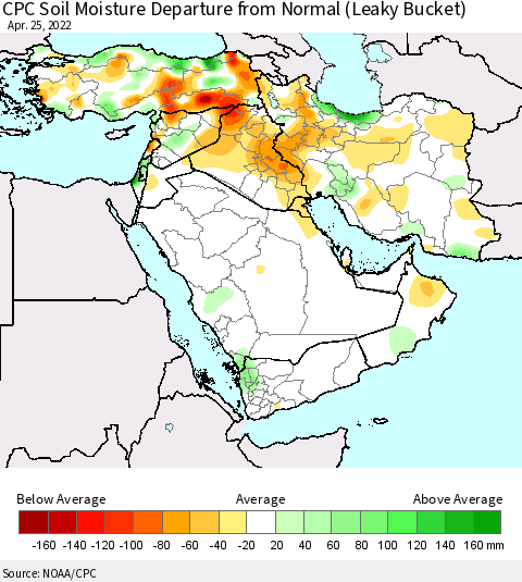 Middle East and Turkey CPC Soil Moisture Departure from Normal (Leaky Bucket) Thematic Map For 4/21/2022 - 4/25/2022