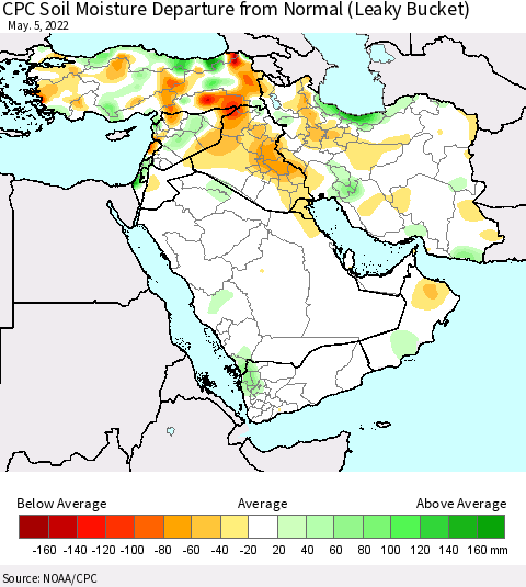 Middle East and Turkey CPC Soil Moisture Departure from Normal (Leaky Bucket) Thematic Map For 5/1/2022 - 5/5/2022